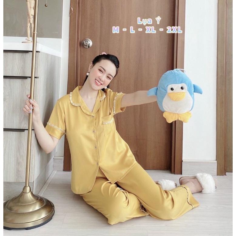 Bộ Pijama Lụa Ý Cao Cấp Quần Dài Tay Ngắn Phối Bèo Xinh Xắn Hàng Có Đủ SizeGiảm 10K Đơn 200K