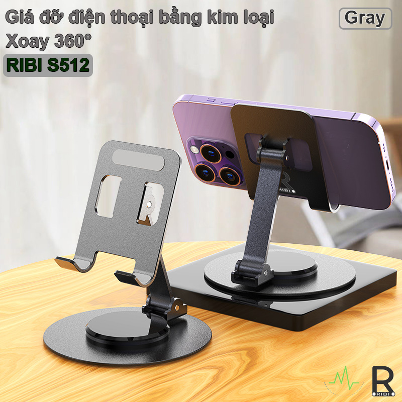 Giá đỡ điện thoại bằng kim loại xoay 360° RIBI S512 có thể gấp gọn, chân đế vững chắc - Hàng chính hãng