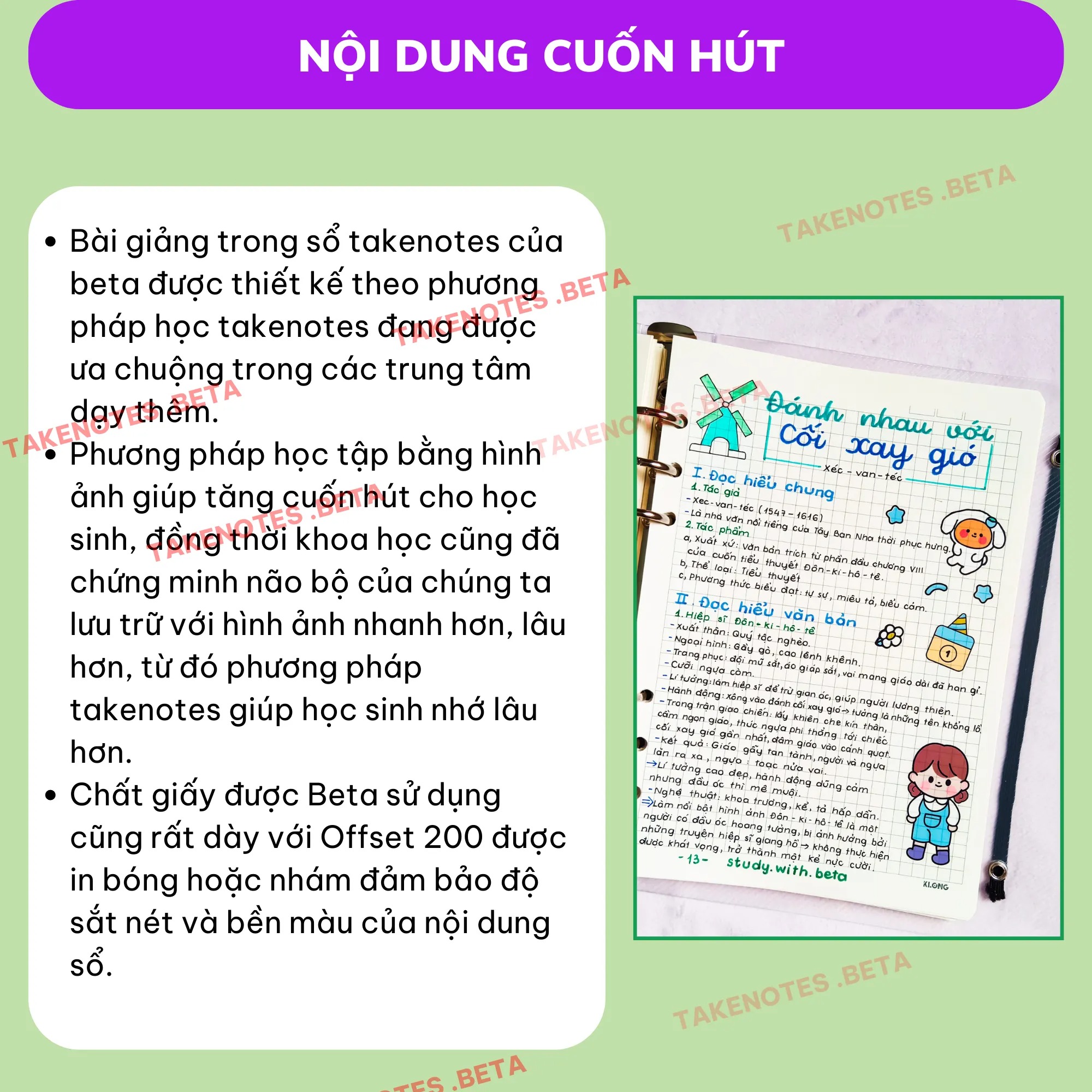 Sổ Takenote Văn 9 tổng hợp công thức trang trí sticker dễ hiểu- 2 loại sổ lò xo bìa trong Beta, sổ còng đóng Binder