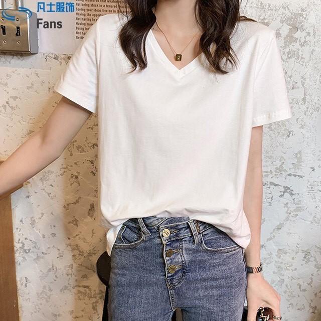 Áo phông nữ cổ tim chất mềm mịn co giãn dễ mặc