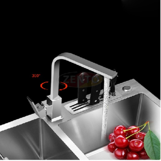 Combo chậu rửa chén bát inox sus304 Valenza hộc rác+cài dao thớt, vòi rửa bát nóng lạnh inox sus304 vuông, bộ xả chậu, rá inox, bình xà phòng