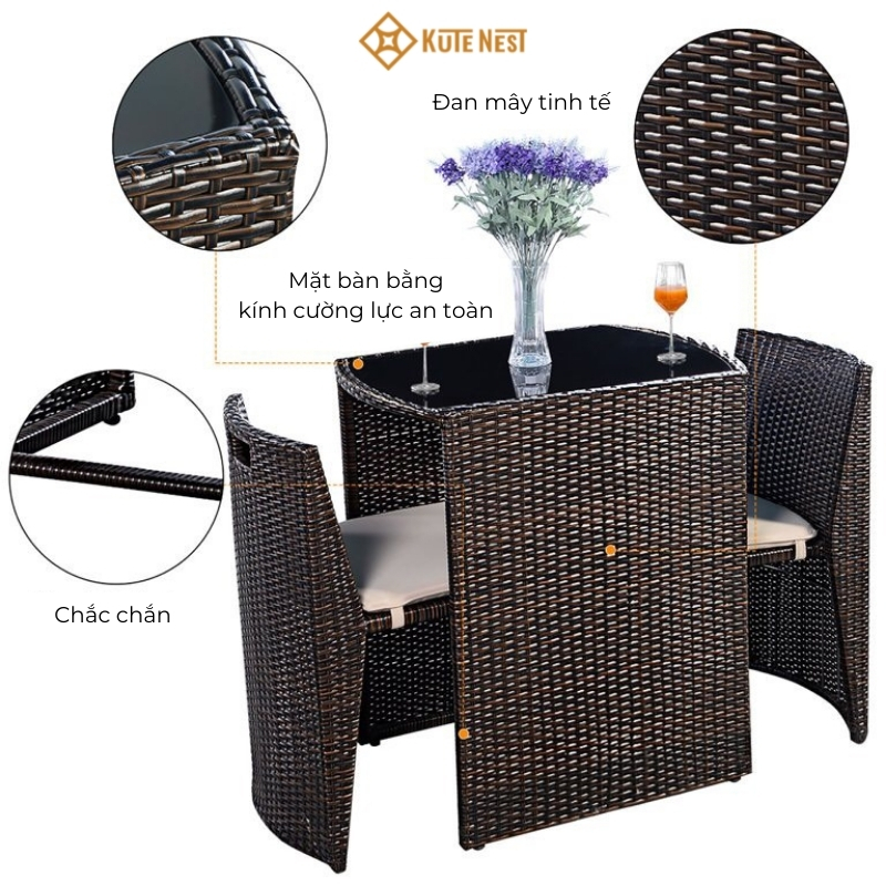 [Kute Nest] Bộ bàn ghế Bistro nhựa giả mây cao cấp – Phù hợp cho nhà hàng, quán cafe, nội thất sang trọng – Màu nâu