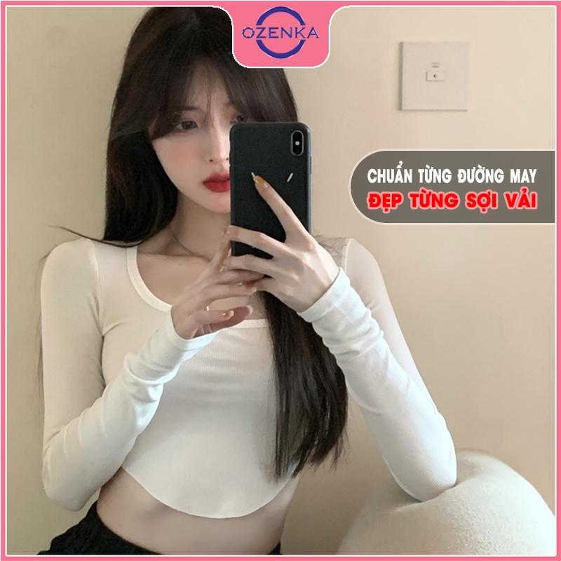 Áo croptop vạt bầu cổ vuông tay dài nữ OZENKA , crt ôm body thun gân đẹp 100% cotton mềm mịn mát đen trắng