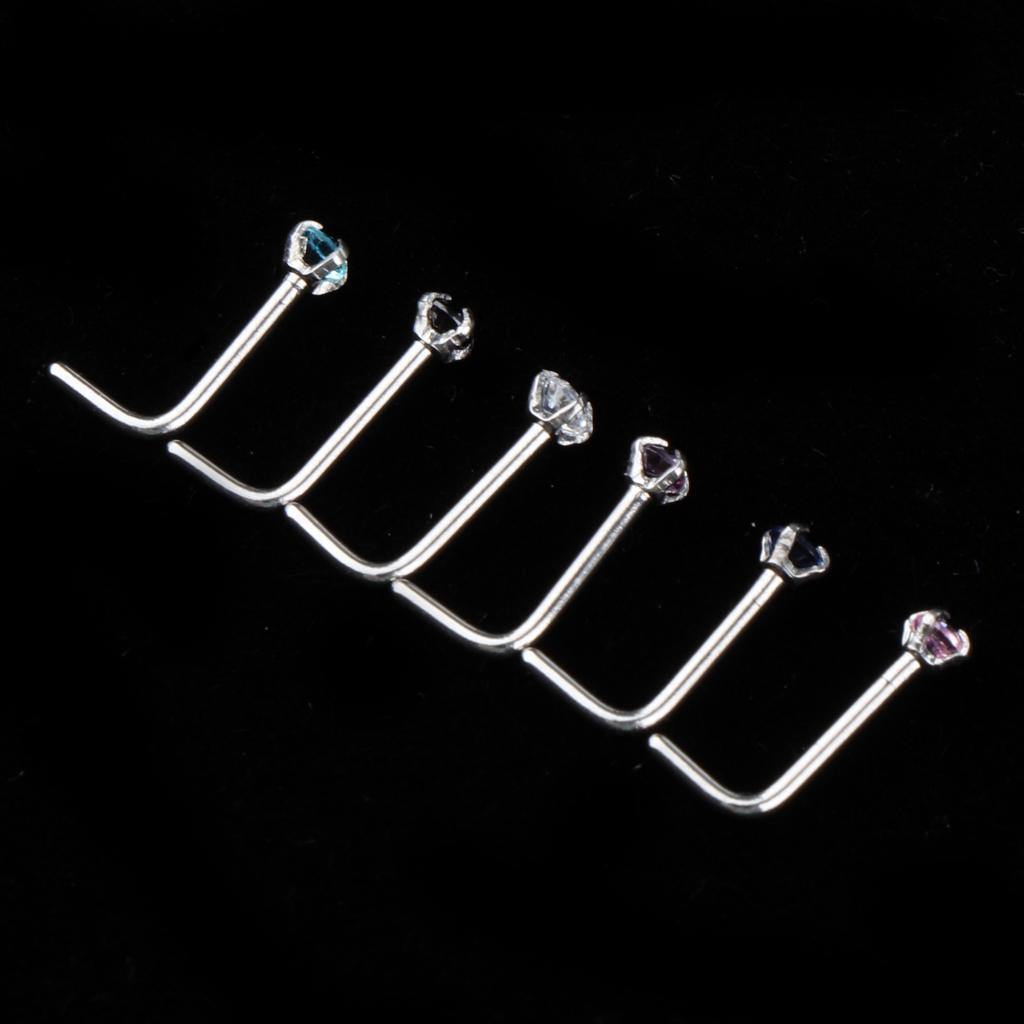2-7pack 6 Pieces Stainless Steel L Shaped Nose Stud Rings Bar Body Piercing 20g