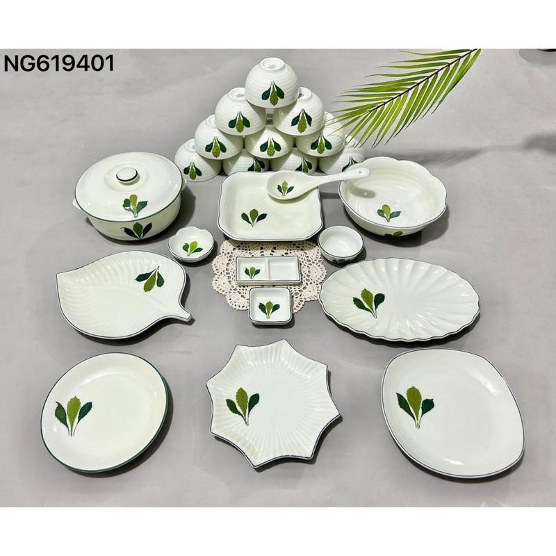 Bộ bát đĩa 23-25 món, men kem. Gốm sứ Bát Tràng.