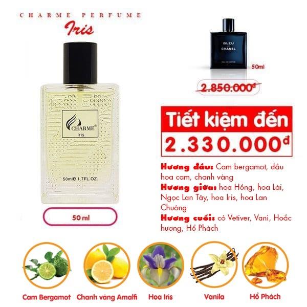 Nước hoa nam quyến rũ, Charme Iris, thơm lâu, sành điệu cá tính, lưu hương cả ngày, 50ml