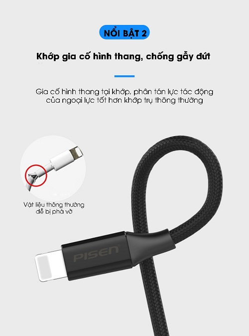 Cáp PISEN Pro Lightning braided 1200mm - Hàng Chính Hãng