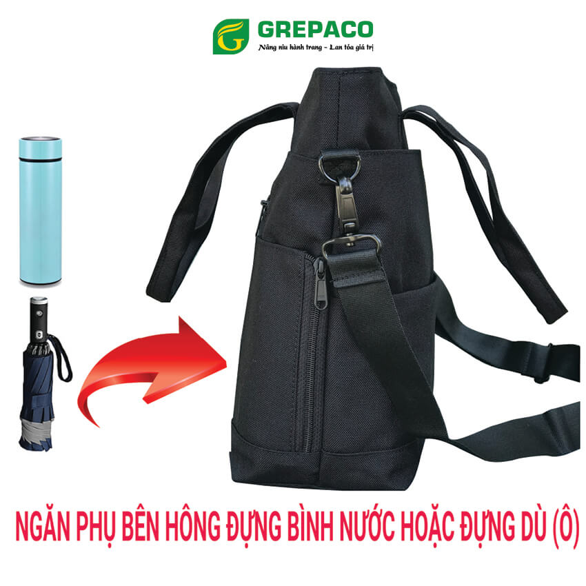 Túi Tote Đeo Vai Nữ Grepaco Vải Bố Canvas Màu Đen Nhiều Ngăn Có Khóa Kéo Đeo Chéo Hoặc Xách Tay Đựng Laptop Phụ Kiện Đi Làm, Đi Học, Đi Du Lịch Thời Trang Hàn Quốc - Hàng Chính Hãng