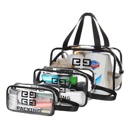 SET 3 TÚI ĐỰNG MĨ PHẨM QUẦN ÁO TRONG SUỐT GIVENCHY VÀ TRAVEL CÓ QUAI SÁCH