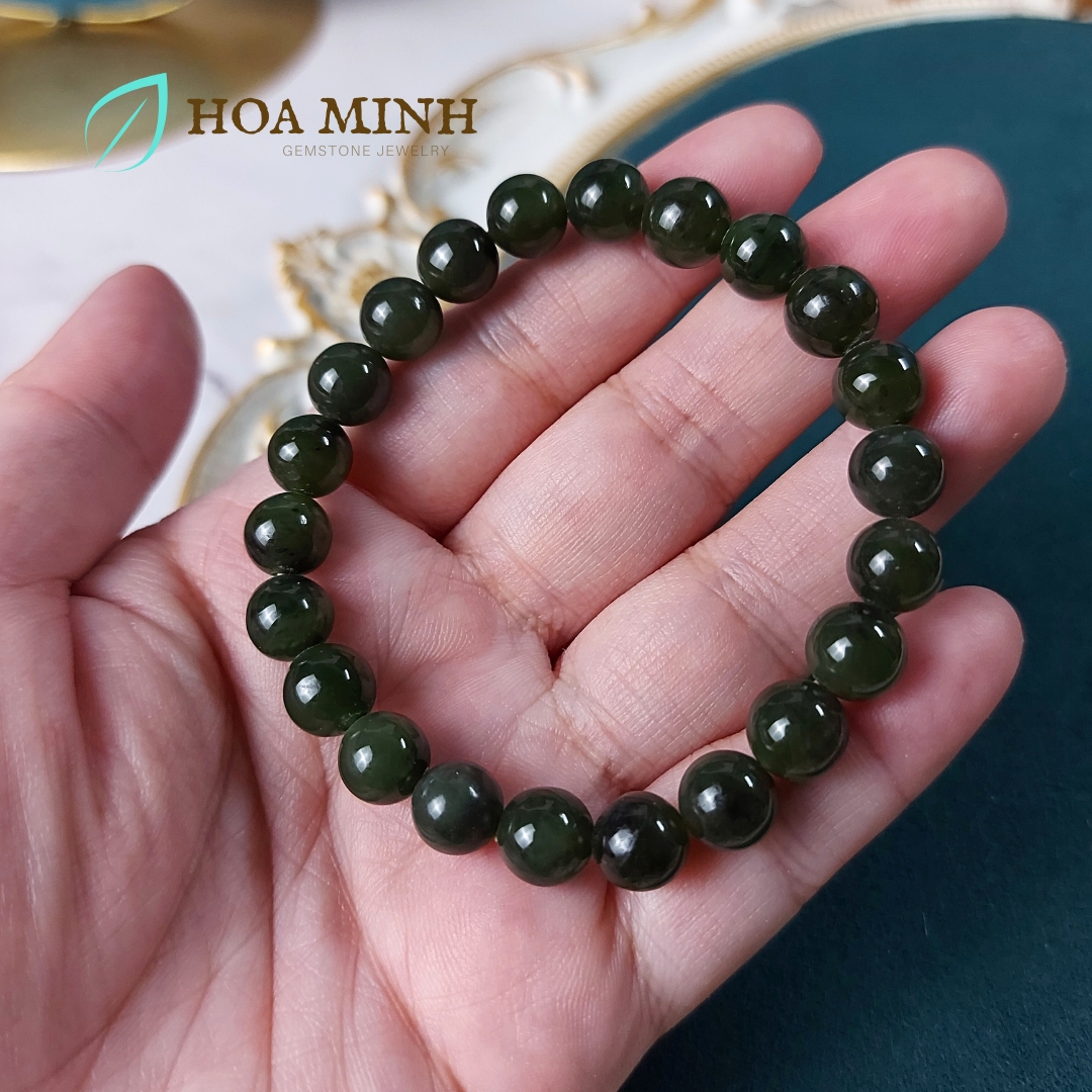 Vòng tay đá Ngọc Bích Nephrite tự nhiên xanh đậm size hạt 7.9 - 8.3 li không kén mệnh