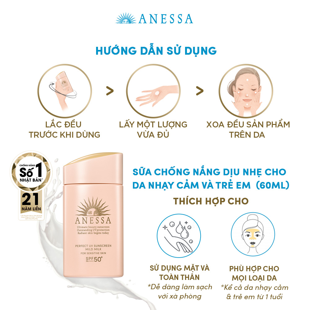 Kem chống nắng dạng sữa dịu nhẹ cho da nhạy cảm và trẻ em Anessa Perfect UV Sunscreen Mild Milk For Sensitive Skin SPF 50+ PA++++ 60ml