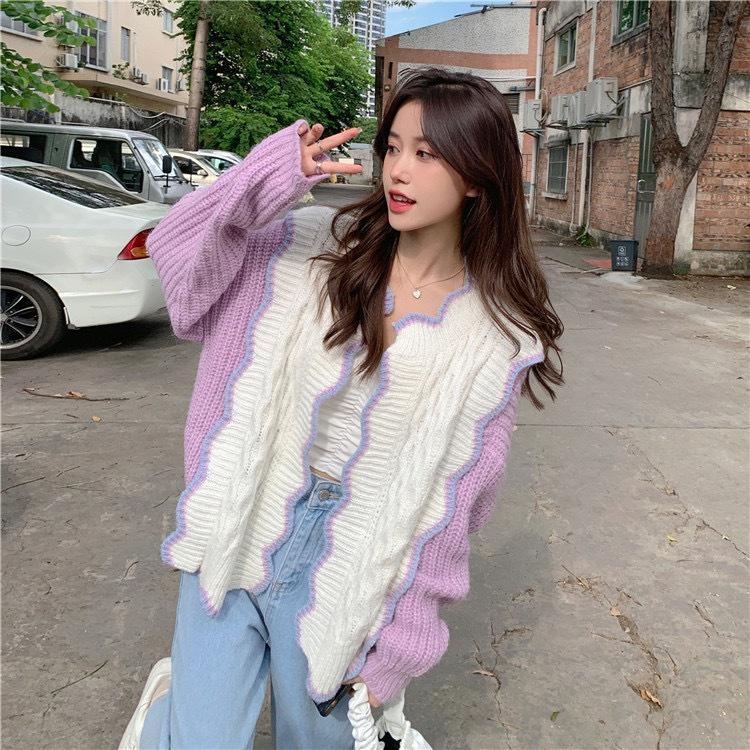 Cardigan Len | Áo Khoác Cardigan Len Nữ Dệt Kim Dày Dặn Phối Trắng Tím Viền Lượn Sóng Ulzzang Hàn Quốc