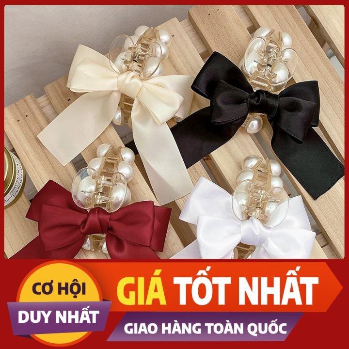 Kẹp gấp lớn phối ngọc và nơ chất ruy băng sang trọng loại 1 - Nunam shop