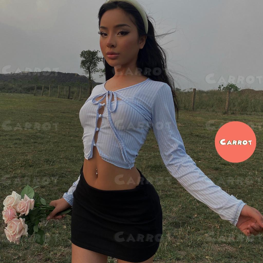 Croptop tay dài xanh chân váy đen basic ôm eo cột dây tôn dáng chất thun trendy thời trang nữ carrotxinhdep