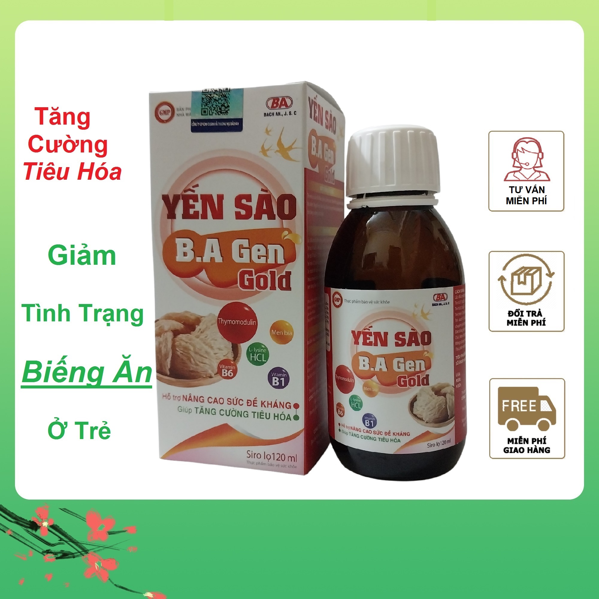 Siro Ăn Ngủ Ngon Cho Bé Biếng Ăn Giúp Bé Tăng Cân Tự Nhiên Kích Thích Hệ Tiêu Hóa Trẻ Giảm Ốm Vặt Hết Biếng Ăn Giảm Táo Bón Tăng Sức Đề Kháng Siro Ăn Ngủ Ngon Yến Sào B.A GenGold 120ml