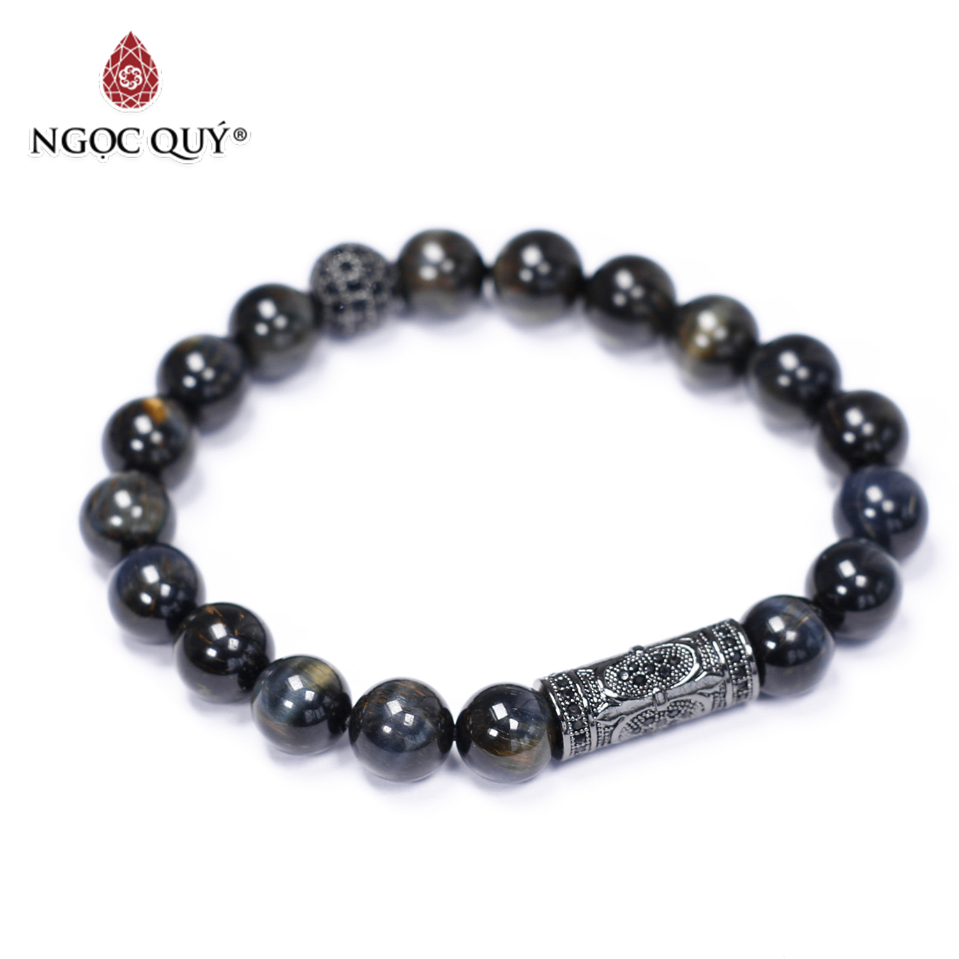 Vòng tay đá mắt hổ xanh đen phối charm hợp kim 8mm mệnh thủy,mộc - Ngọc Quý Gemstones