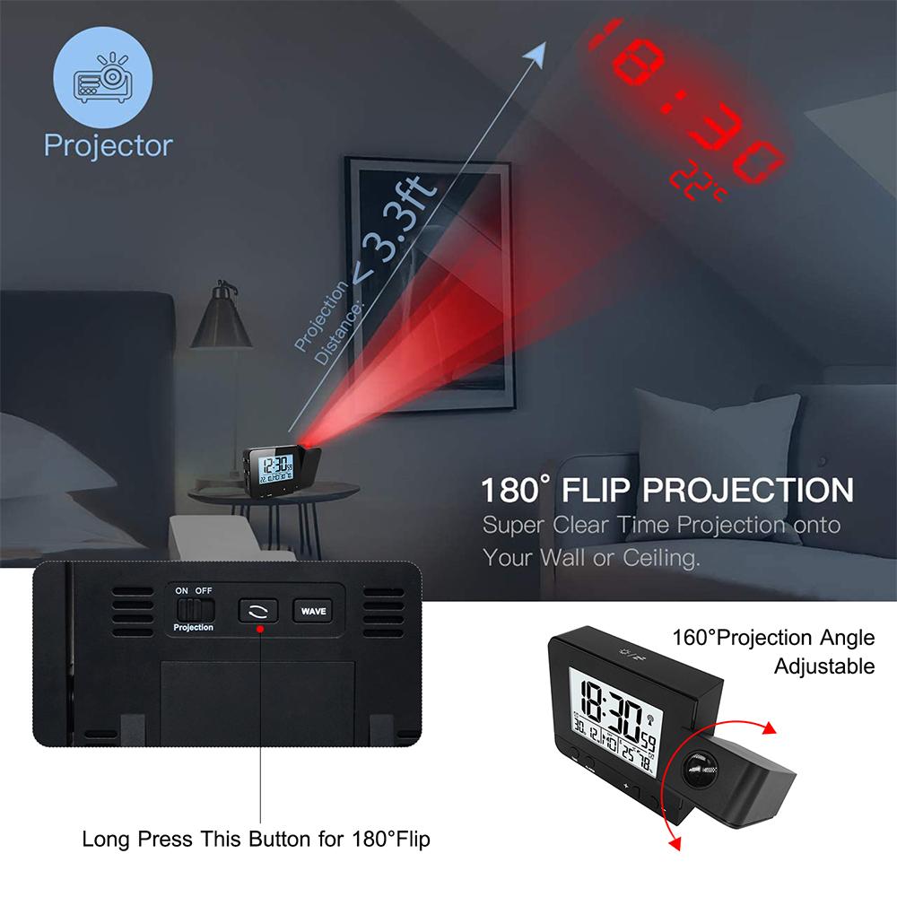 Projection Alarm Clock for Bedroom with Thermometer Hygrometer Digital Project Ceiling Clock Dimmable LED Display with
