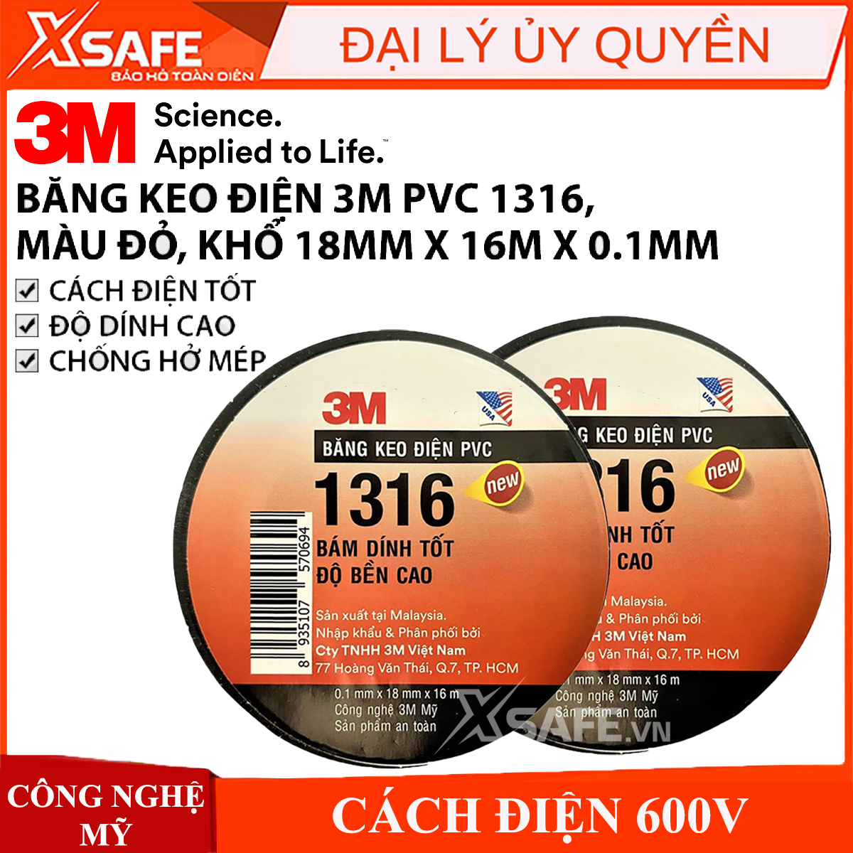 Băng keo PVC 3M 1316 cách điện 600V cực bền siêu dính khổ 18mm x 16m