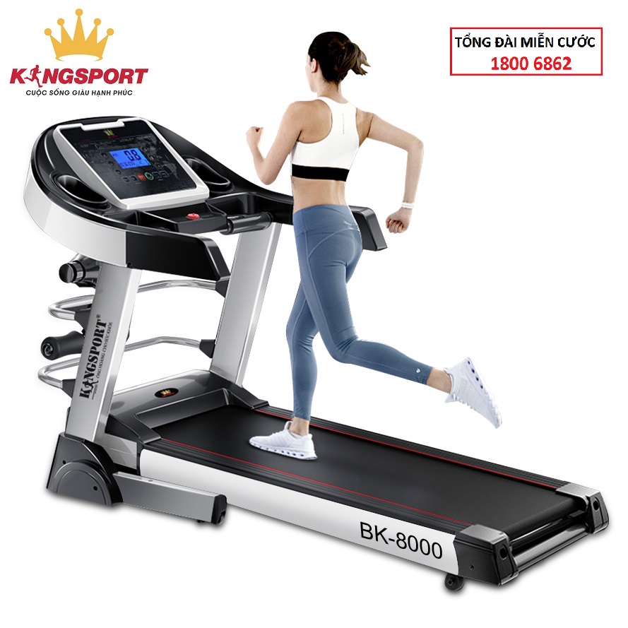 Máy chạy bộ KINGSPORT BK-8000 đa năng, thảm chạy rộng chống trơn, kèm đai massage và thanh gập bụng, cân nặng phù hợp từ dưới 75kg