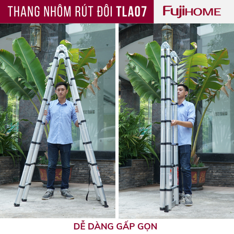 Thang nhôm FUJIHOME TLA08 rút gọn chữ A nhập khẩu, Chiều cao tối đa 5m, Đế cao su