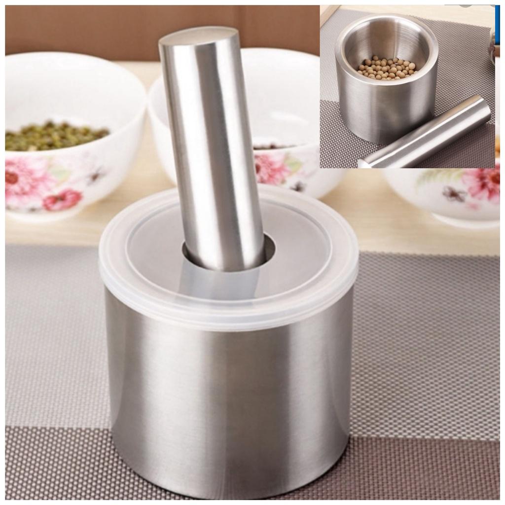 Bộ Chày Cối Inox 304 Hàng Đúc Nguyên Khối, Không Vết Hàn, Có Nắp Đậy, Có Lót Đế - Hàng xuất Đức