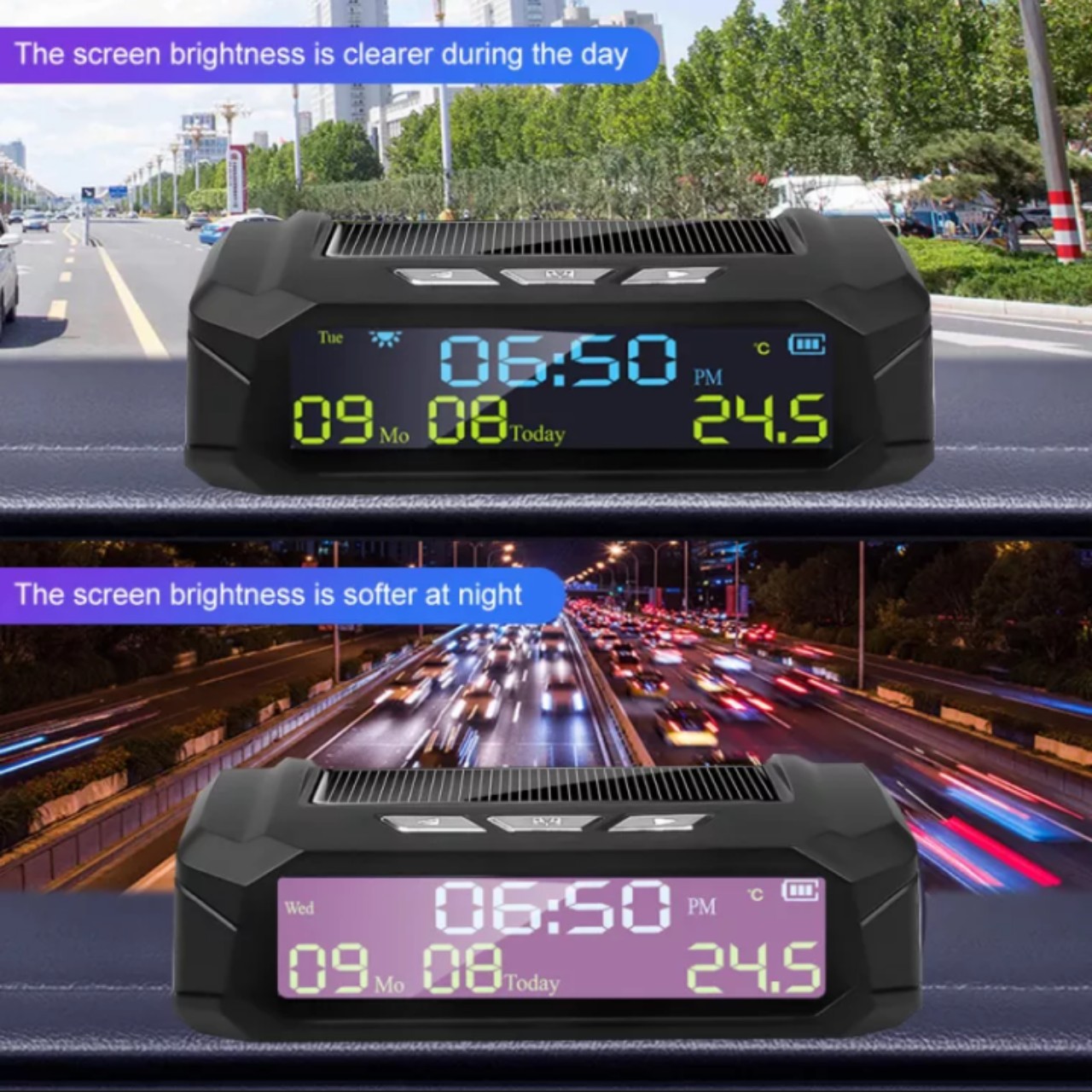(LOẠI TỐT) Bộ đồng hồ gắn ô tô 3in1 năng lượng mặt trờ báo giờ kèm ngày tháng , nhiệt độ mẫu mới đa năng màn hình led