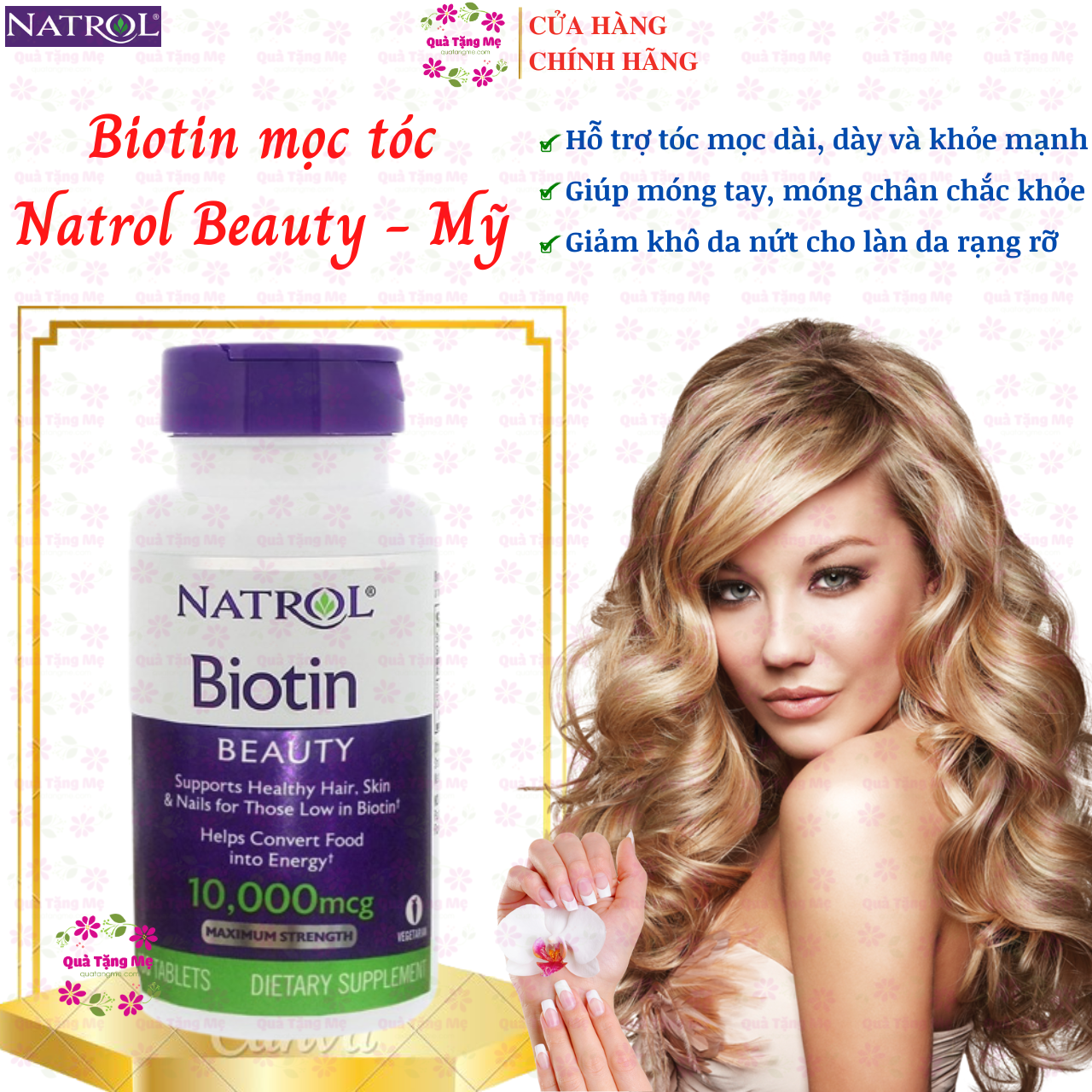 Biotin mọc tóc Natrol Beauty Mỹ hỗ trợ tóc mọc nhanh hơn, dày hơn, cho mái tóc khỏe mạnh, làn da rạng rỡ và móng tay chắc khỏe - QuaTangMe Extaste