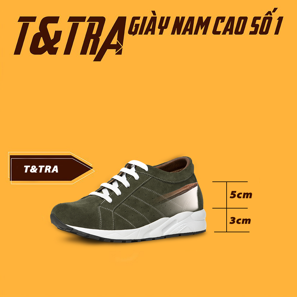 Giày Cao Nam Siêu Nhẹ T&amp;TRA Tăng Cao 8Cm- T19 Xanh Rêu- Chất Liệu Da Bò Cao Cấp, Đế và Lót Tăng Cao Chất Liệu EVA Siêu Nhẹ, Trọng Lượng Nhẹ Hơn 30% So Với Đế Cao Su