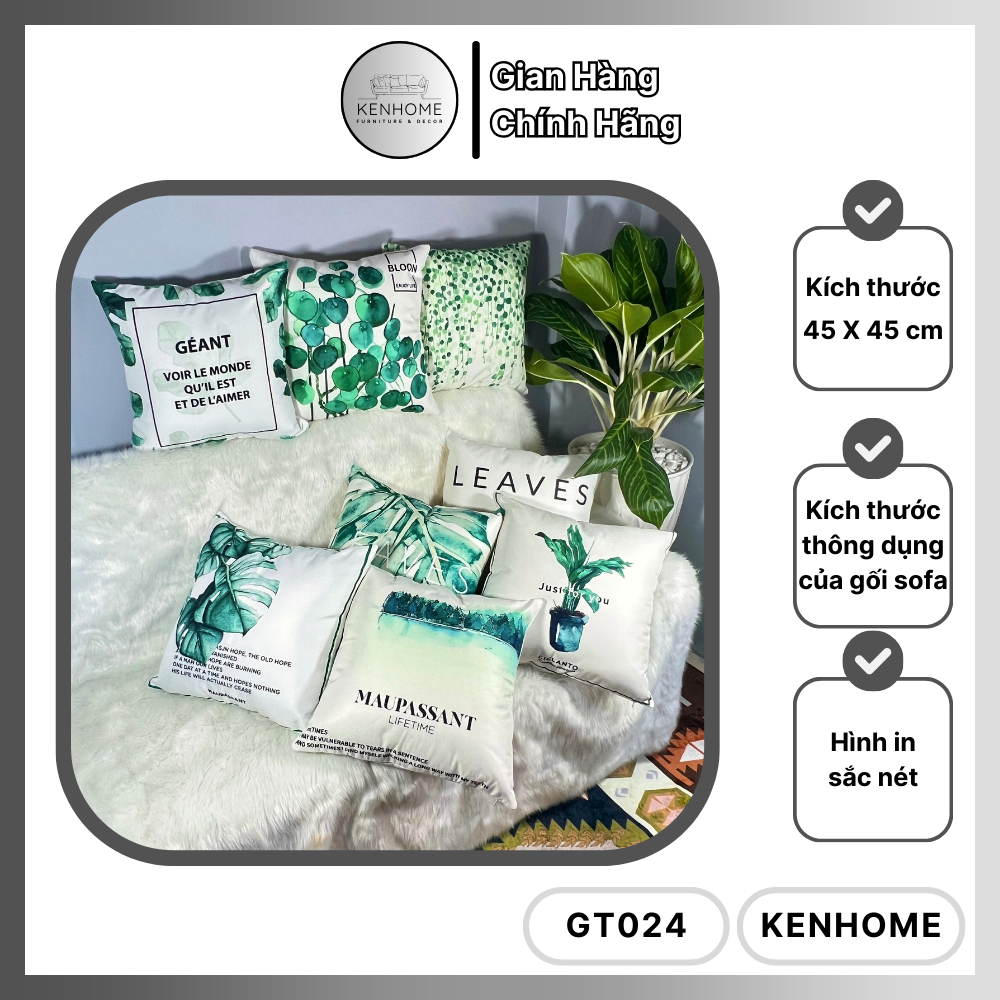 Gối Sofa Họa Tiết Lá Cây Bắc Âu - Gối Tựa Lưng Sofa Decor Phòng Khách Trẻ Trung, Tươi Mới - Vải Bố Cao Cấp - Kích Thước 45x45cm