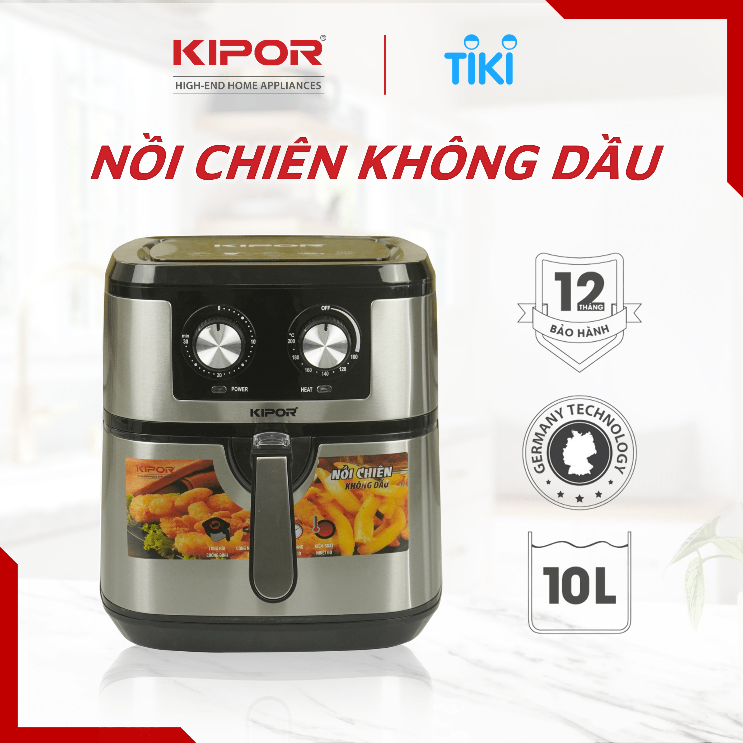 Nồi chiên không dầu KIPOR KP-AF631 - 10L - Điều khiển cơ công nghệ RAPID AIR nướng đối lưu - Phủ chống dính cao cấp - Hàng chính hãng