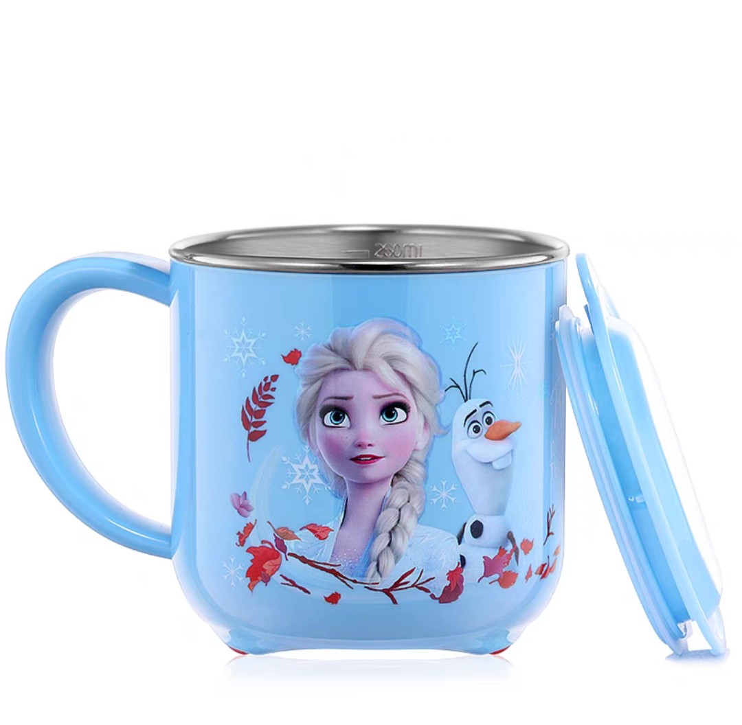 Ly cốc giữ nhiệt Disney in hình Elsa Anna Frozen P.2 màu xanh có nắp và quai cầm cho bé - 260ml