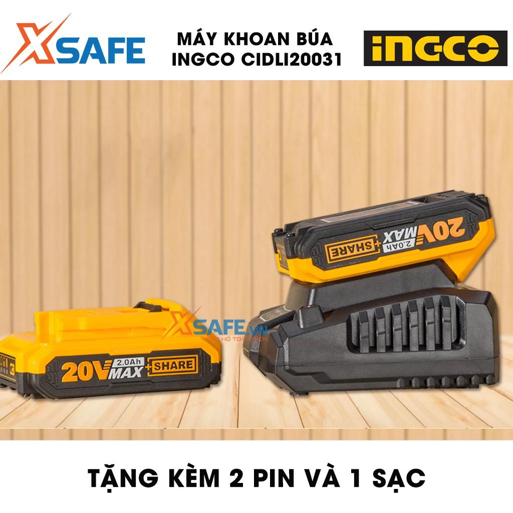 Máy khoan búa dùng pin Lithium 20V INGCO CIDLI20031 Tặng kèm 53 món gồm 2 pin, 1 sạc và 50 món linh kiện có đèn LED