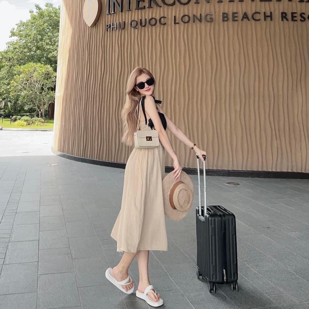 Đầm Maxi 2 Dây Ngực Trái Tim Lưng Chun Dáng Dài Vải Đũi