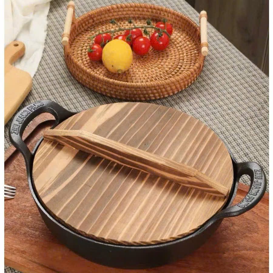 Chảo Nồi Gang Sâu Lòng Đúc Nguyên Khối Size 20cm &amp; 25cm, Tặng Kèm Vung Gỗ - HÀNG CHÍNH HÃNG MINIIN