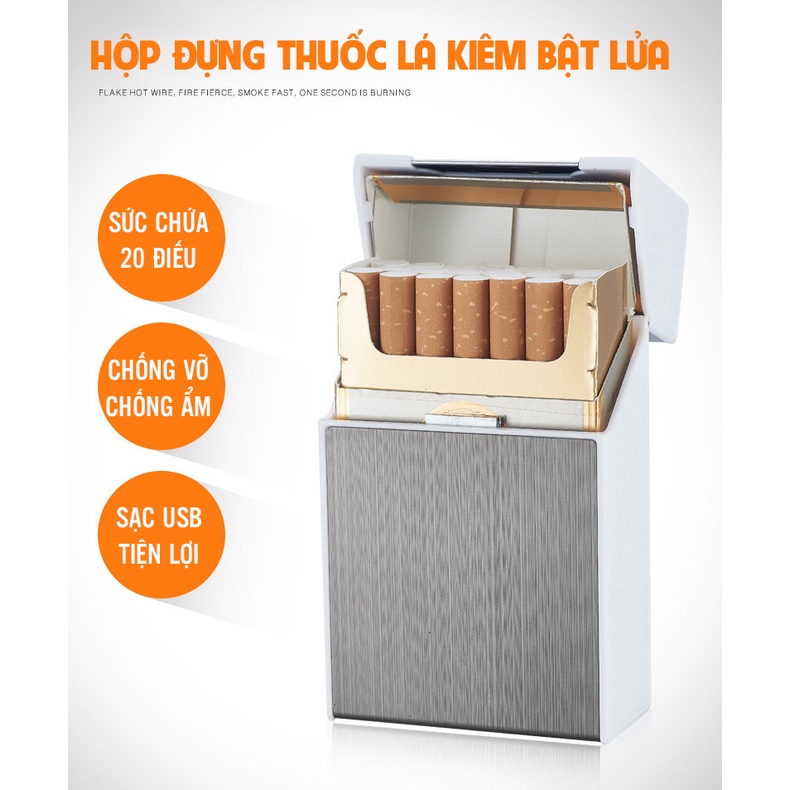 Bật lửa điện kiêm hộp đựng thuoc lá kim loại 2in1 vỏ hợp kim phay xước sang trọng hàng cao câp mẫu mới