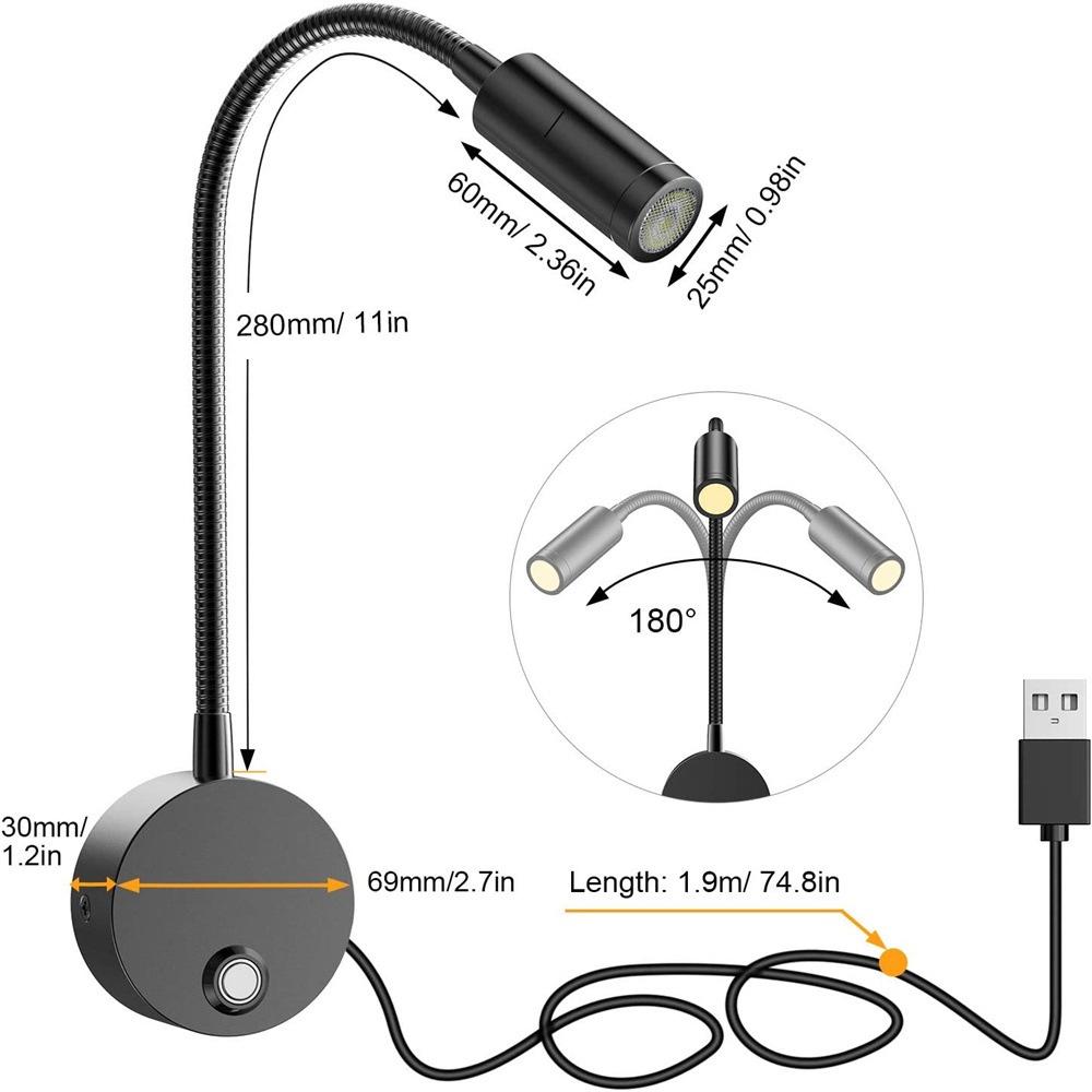 Đèn đọc sách gắn tường đầu giường Led 3W, Nguồn USB 5V, Ánh sáng chiếu rọi điểm, tích hợp đèn ngủ, Đèn soi tranh