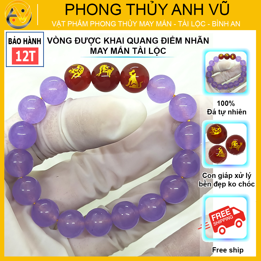 Vòng tay phong thủy mệnh hỏa cho nữ tam hợp dần ngọ tuất - chất liệu mã não tím tự nhiên - size 8 10ly - có khai quang điểm nhãn may mắn tài lộc - PHONG THỦY ANH VŨ