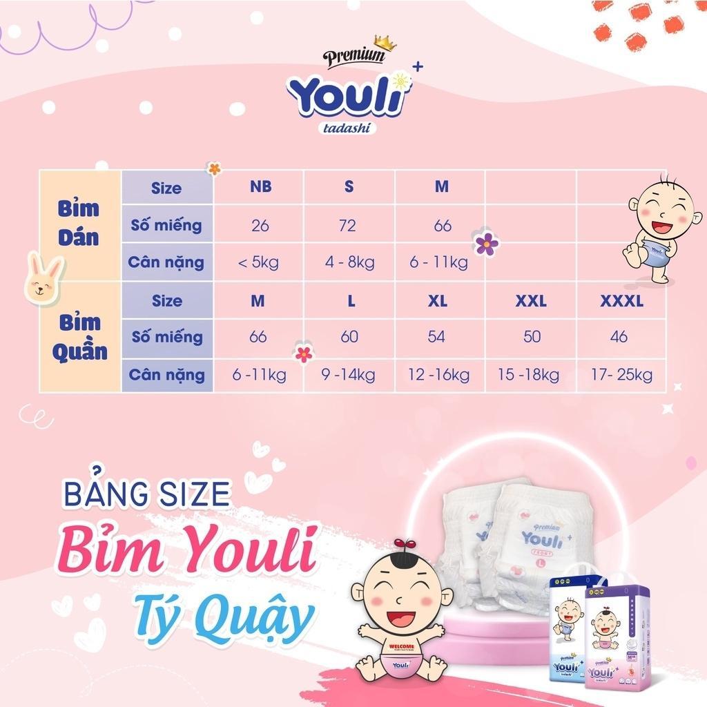 Tã Bỉm Quần Sơ Sinh YOULI Tý Quậy Size 2XL 50 Miếng Đai Chun Mềm Mại, Mỏng Nhẹ Siêu Thấm Hút Cho Bé 15-18 kg