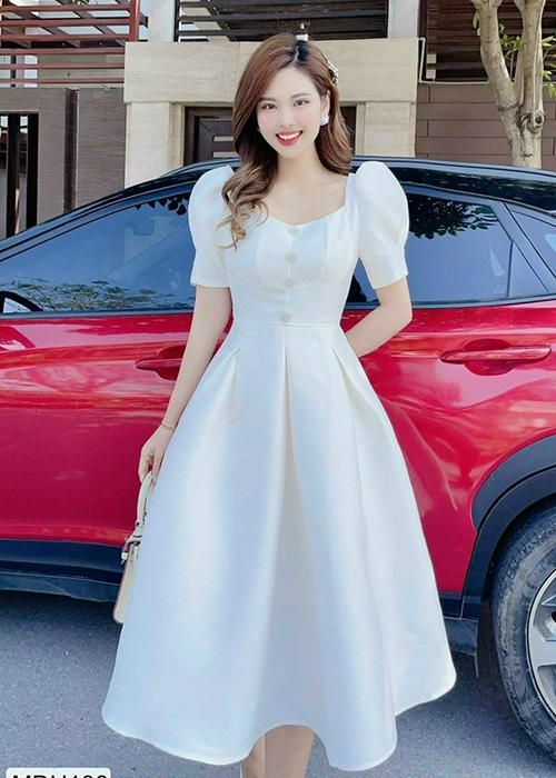 HÀNG THIẾT KẾ CHUẨN SHOP SIÊU ĐẸP Đầm Thun Umi Xòe Tay Phồng Đính Cườm Thời Trang - M