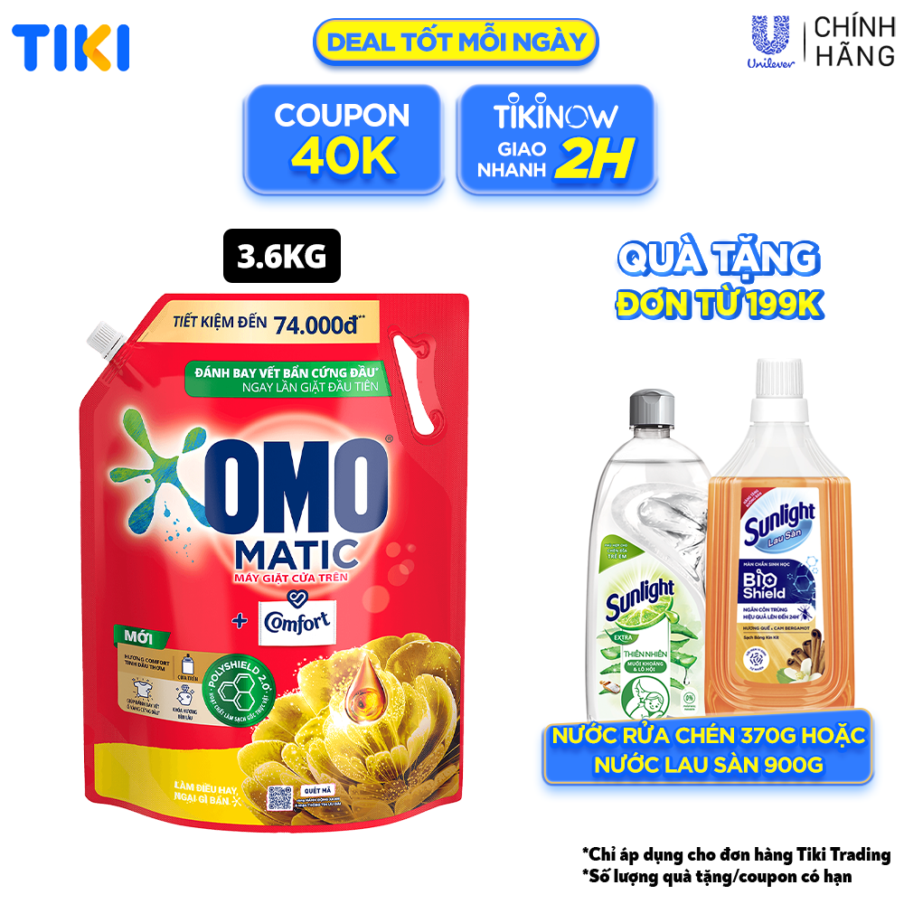 TúI Nước Giặt Omo Matic Comfort Cho Máy Giặt Cửa Trên Hương Tinh Dầu Thơm Xoáy Bay Vết Bẩn, Hương Thơm Bền Lâu 3.6Kg