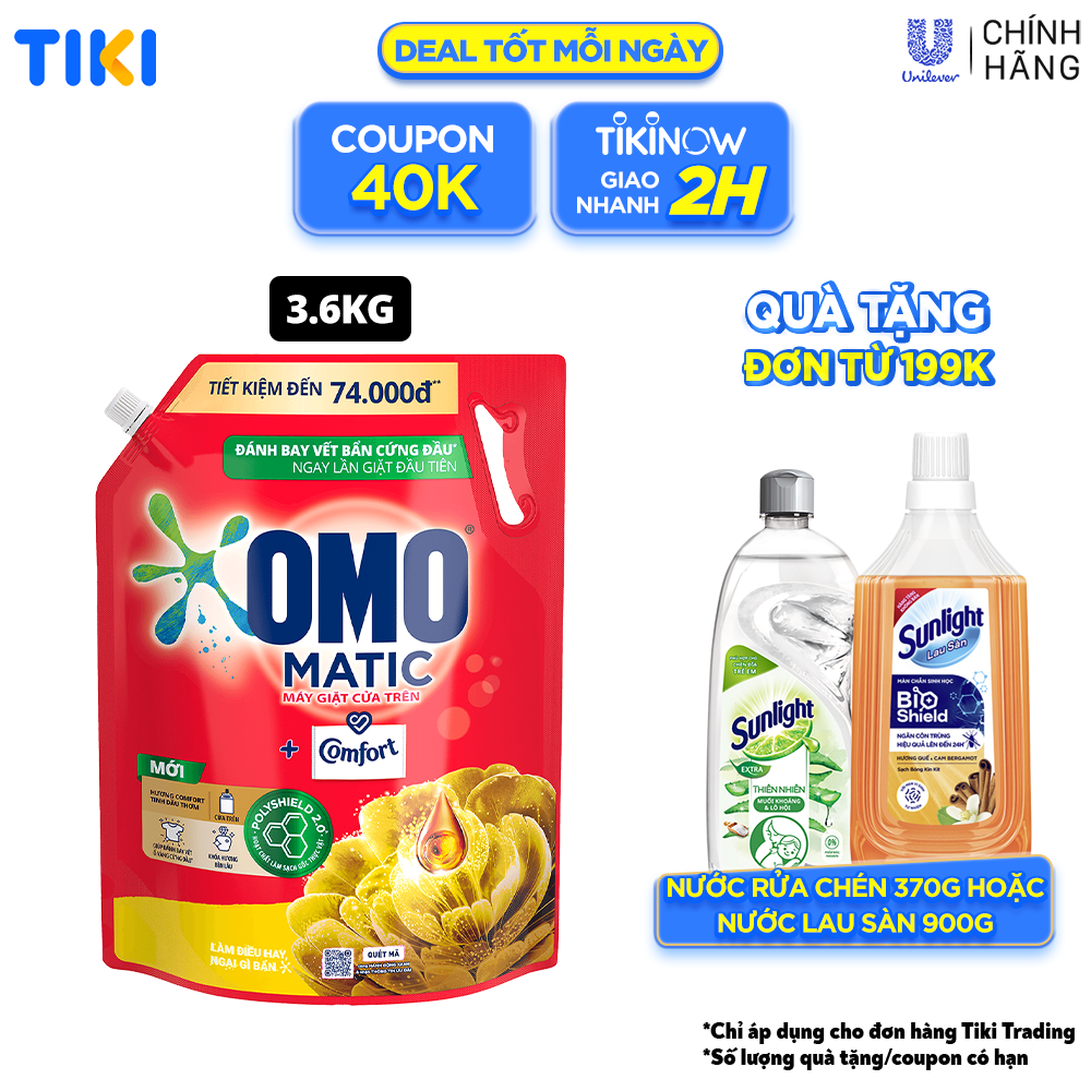 TúI Nước Giặt Omo Matic Comfort Cho Máy Giặt Cửa Trên Hương Tinh Dầu Thơm Xoáy Bay Vết Bẩn, Hương Thơm Bền Lâu 3.6Kg