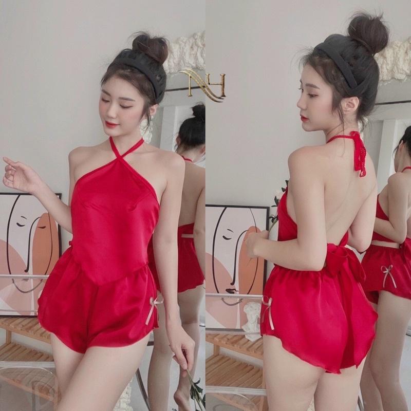 Đồ ngủ sexy nữ, đồ ngủ cao cấp yếm sexy gợi cảm chất satin quyến rũ