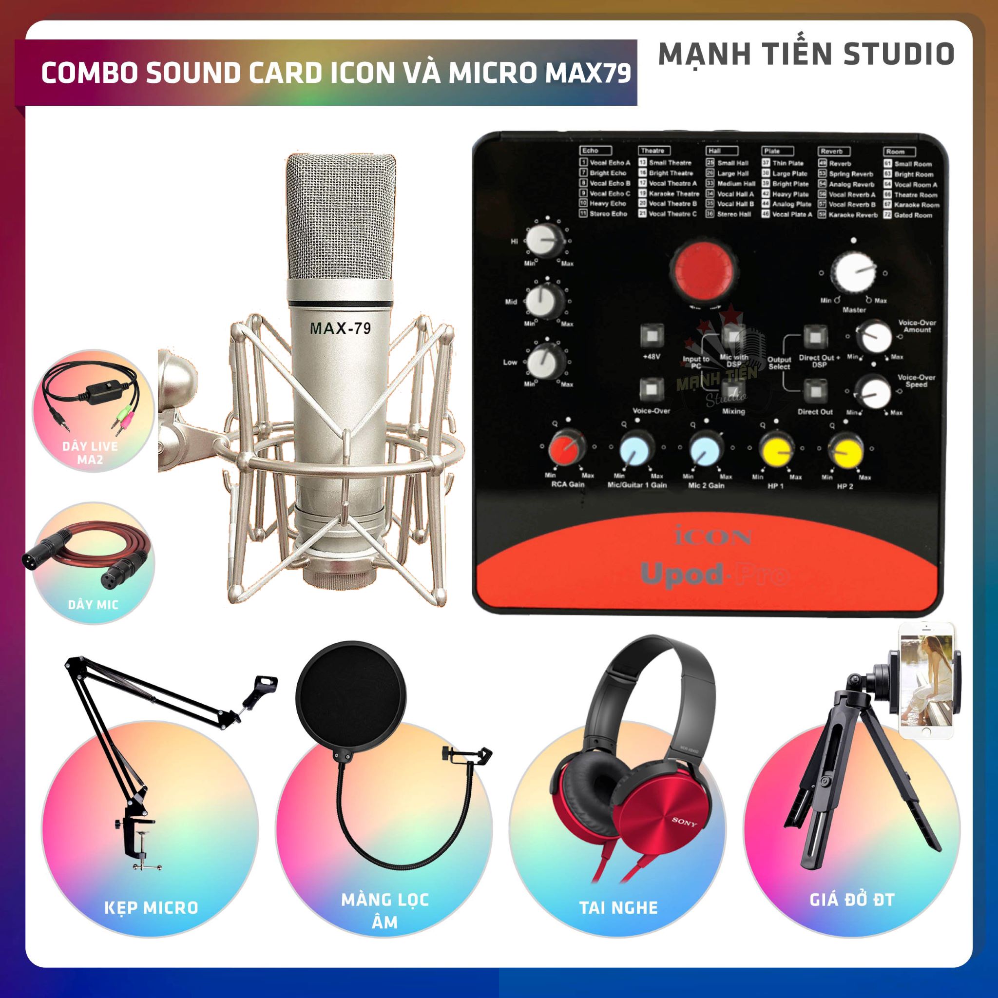 Combo thu âm, livestream Micro Max 79, Sound card Icon Upod Pro - Kèm full phụ kiện kẹp micro, màng lọc, tai nghe, giá đỡ ĐT, dây canon, dây ma2 - Hỗ trợ thu âm, karaoke online chuyên nghiệp - Hàng nhập khẩu