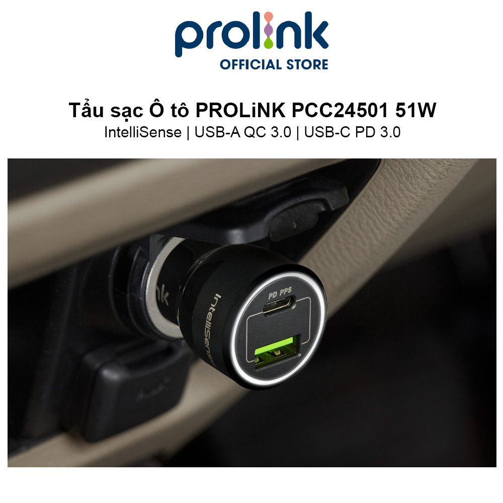 Tẩu sạc Ô tô PROLiNK PCC24501 51W 2 cổng USB-A QC 3.0 &amp; USB-C PD 3.0 IntelliSense, sạc nhanh cho thiết bị di động - Hàng chính hãng