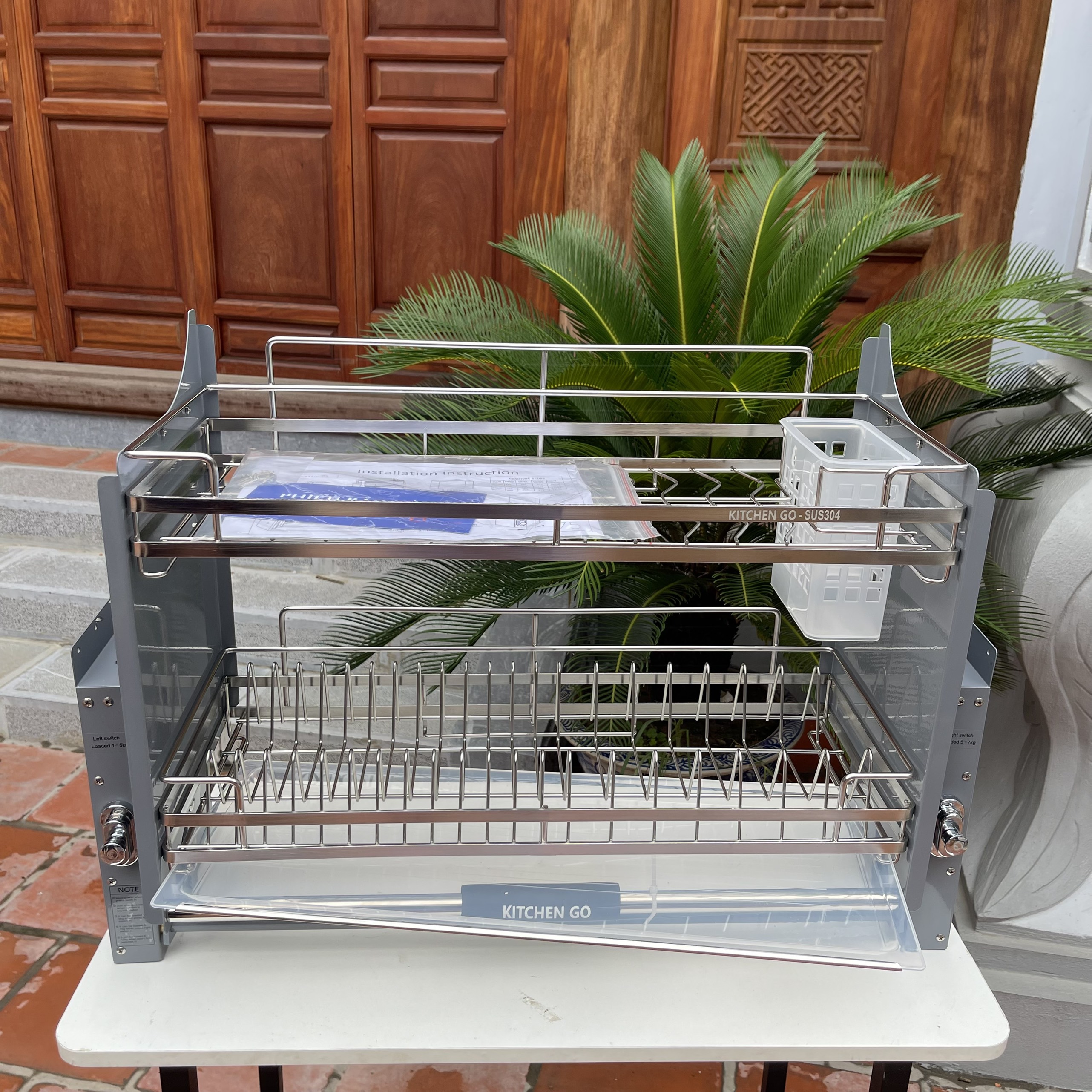 Kệ Chén Nâng Hạ, Giá Bát Đĩa Nâng Hạ KITCHENGO INOX KHÔNG GỈ 304 - Mẫu Mới 2023 - Bảo Hành Viễn