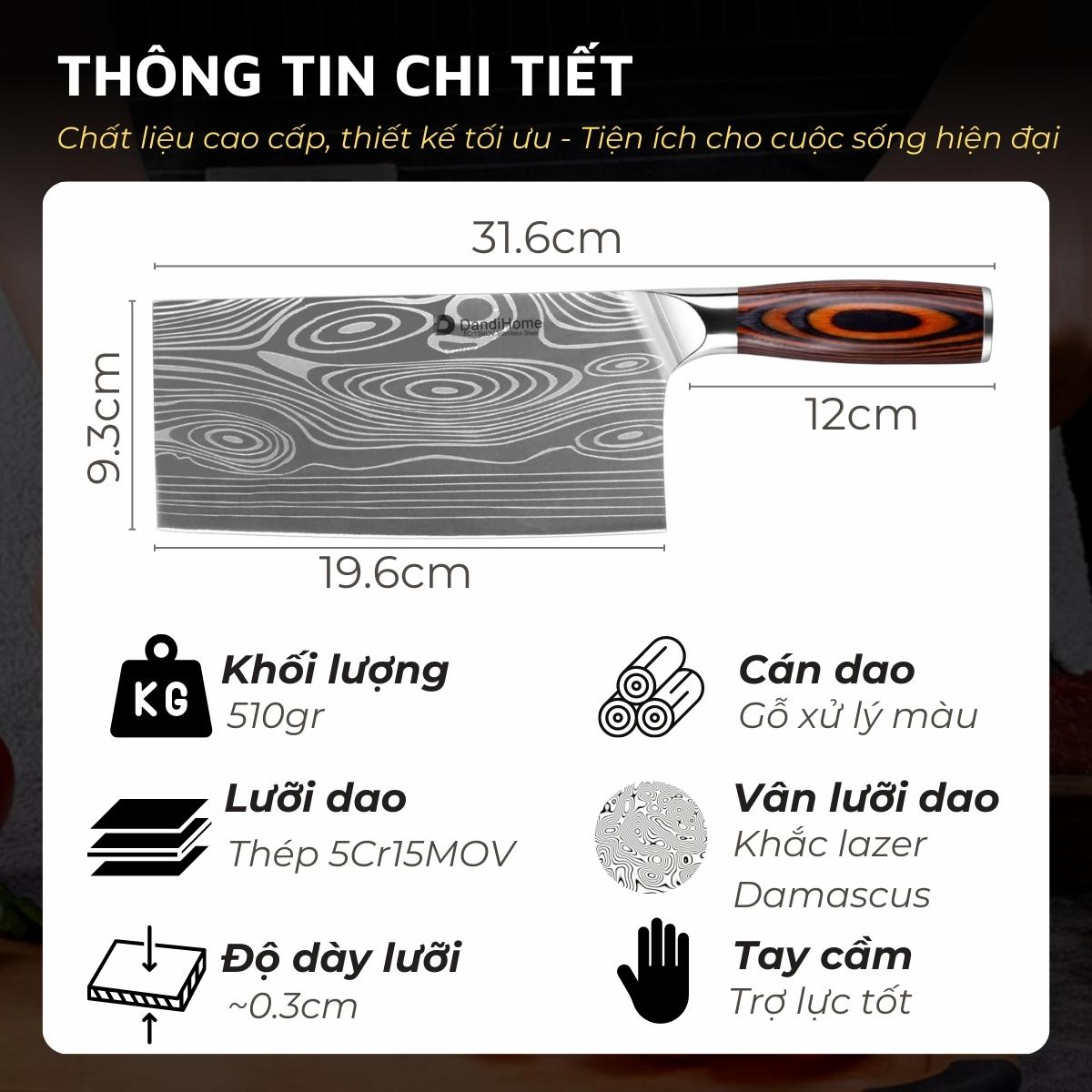 Dao bếp bản lớn đa năng DandiHome chặt xương nhỏ, rau củ, thái thịt thép 5Cr15MOV cao cấp