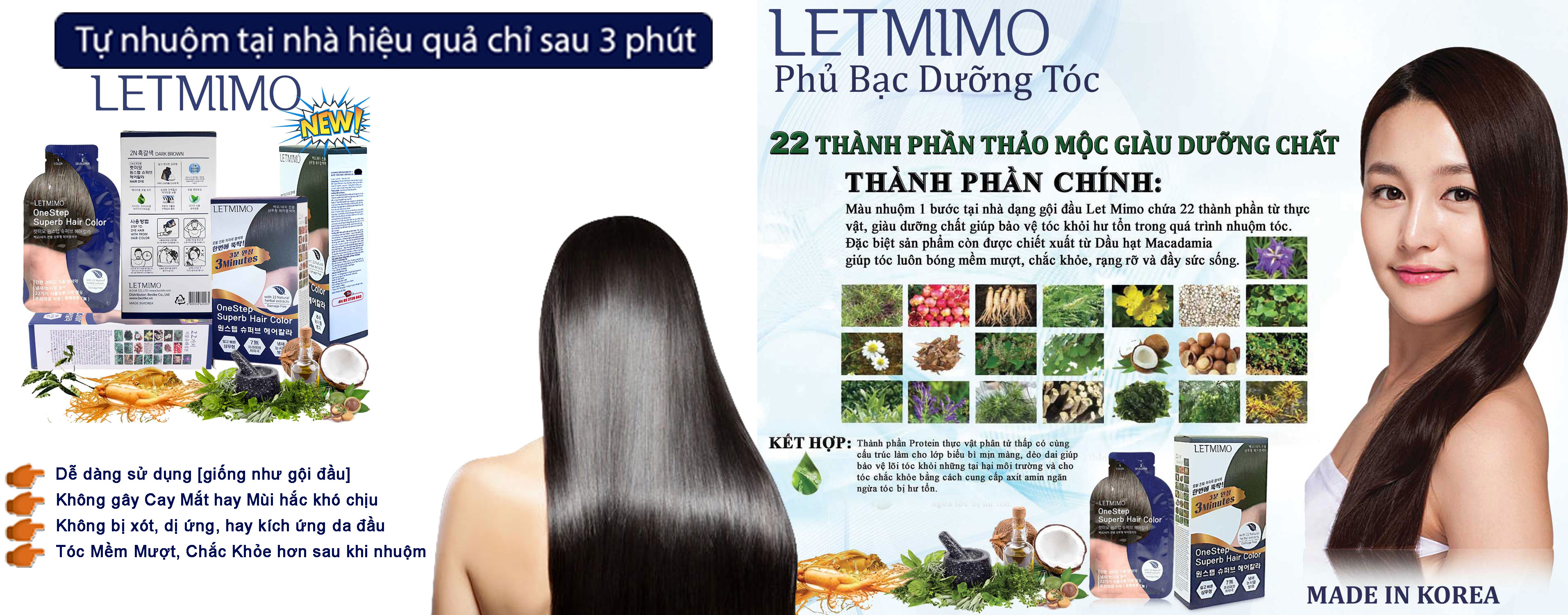 Gói gội đen tóc dưỡng mượt tóc, nhuộm phủ bạc, thuốc nhuộm tóc Letmimo, Nâu Tự Nhiên-3N gói 24g, bestke