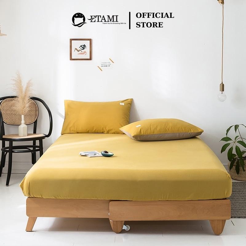 Bộ ga gối cotton tici ga trải giường và 2 vỏ gối màu vàng đậm miễn phí bo chun cho drap giường ga trải giường T06
