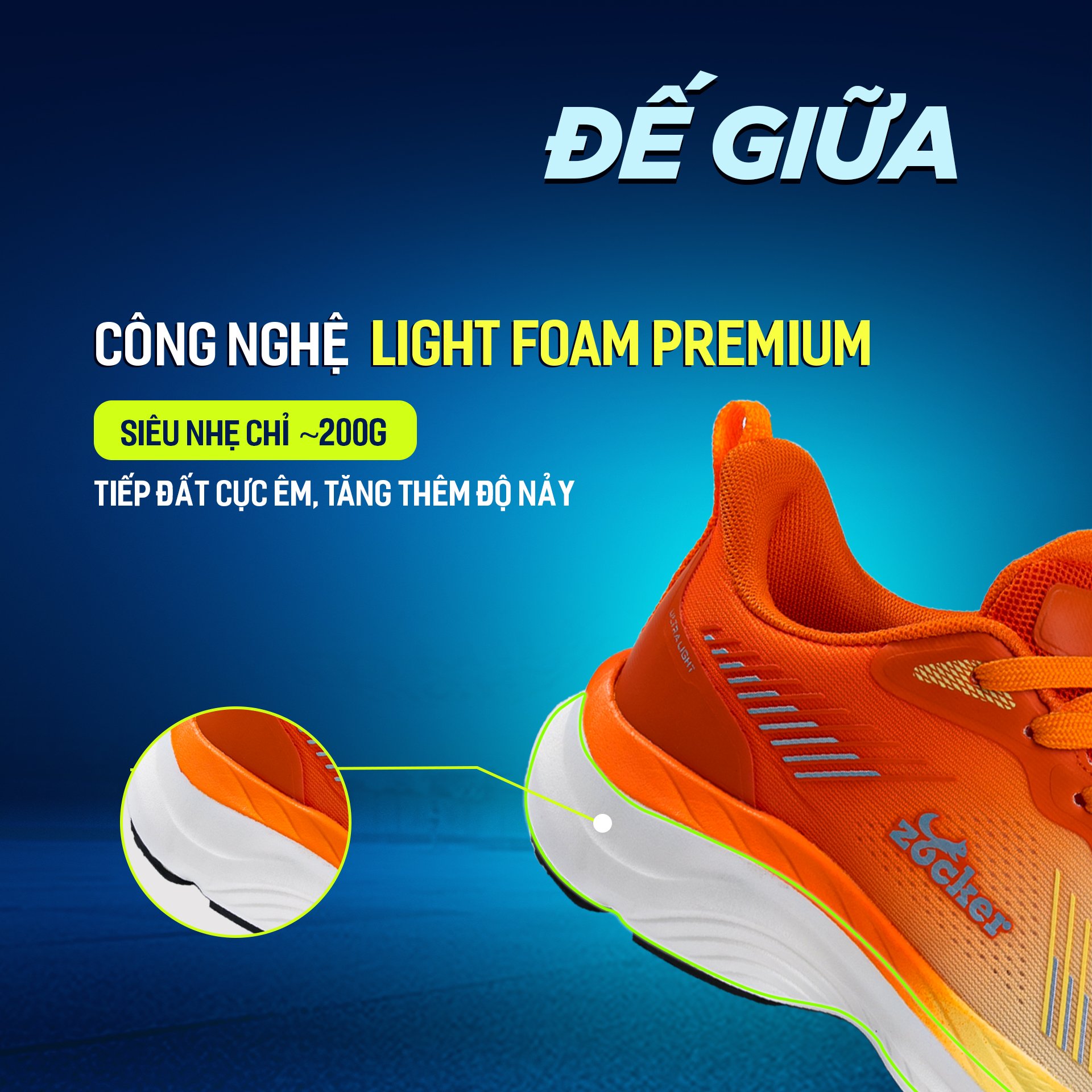 Giày Chạy Bộ Zocker Ultra Light Pale Yellow/Orange - Công Nghệ Light Foam Premium Siêu Nhẹ - Siêu Êm - Siêu Nảy - Tặng kèm vệ sinh giày