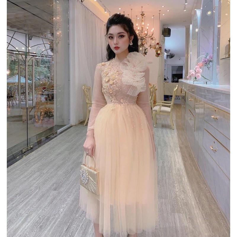 Đầm Xoè Công Chúa Phối Hoa Nổi Và Cườm - MS133Y mm đi chơi dự tiệc đám cưới, du lịch MM